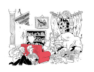 Castleacre Cartoon- bull crashing through the drawing room, designed by Nick Edwards